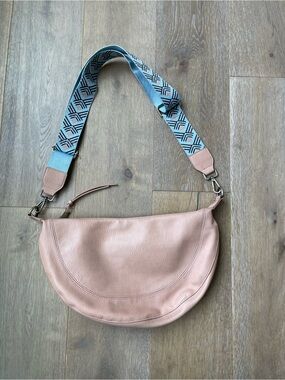 Anthropologie Blush Crescent Leather Crossbody with Patterned Blue Strap